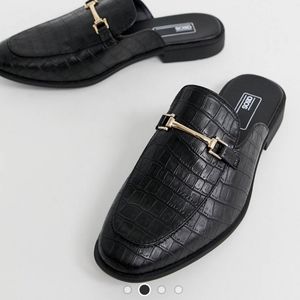 Black croc faux leather mules